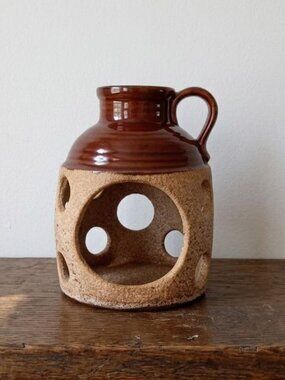 Vintage Royal Haeger USA Pottery Jug Vase Brown Glazed Crockery Cutout Pattern
